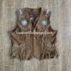 Men's Walnut Brown Suede Fringe Vest with Sky Blue Beaded Medallions crafted from genuine suede leather