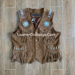 Cowboy Western Vest Brown Suede American Indian Vest With Fringes Beads Bones