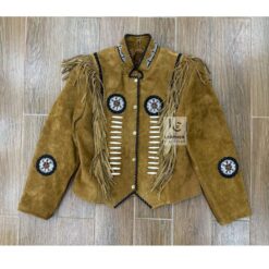 Women’s Tan Suede Fringe Jacket – Handmade Western Leather Coat with Beaded Bones and Tribal Embroidery