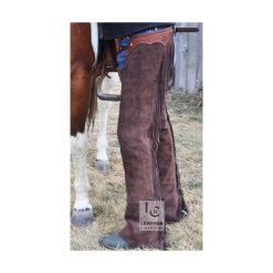 Men’s dark brown suede cowboy chaps with long fringe and adjustable straps