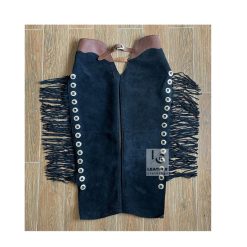Men’s black suede leather cowboy chaps with long fringe and adjustable buckle waistband