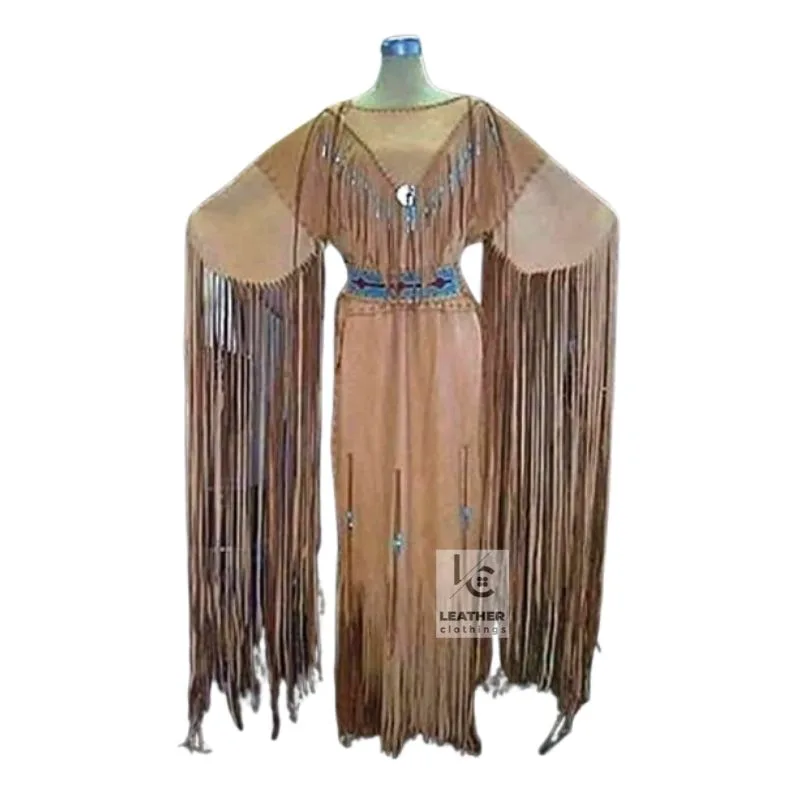 Women’s beaded suede Western fringe dress with turquoise accents and long fringe