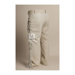 Gray Suede Leather Pant With Beads And Fringes MSP23