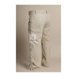 Gray Suede Leather Pant With Beads And Fringes MSP23