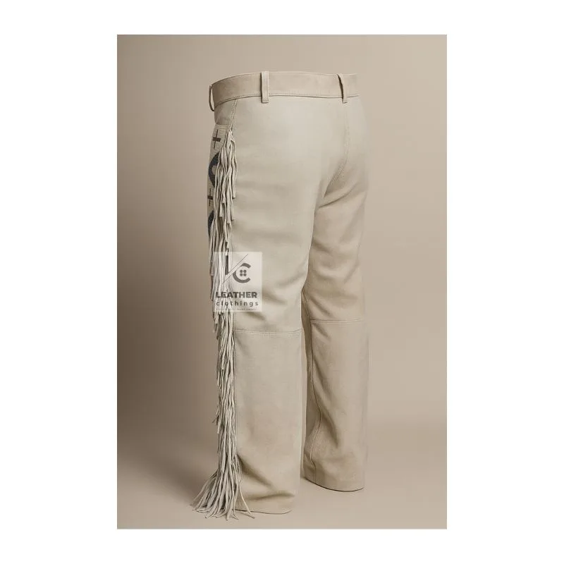 Gray Suede Leather Pant With Beads And Fringes MSP23