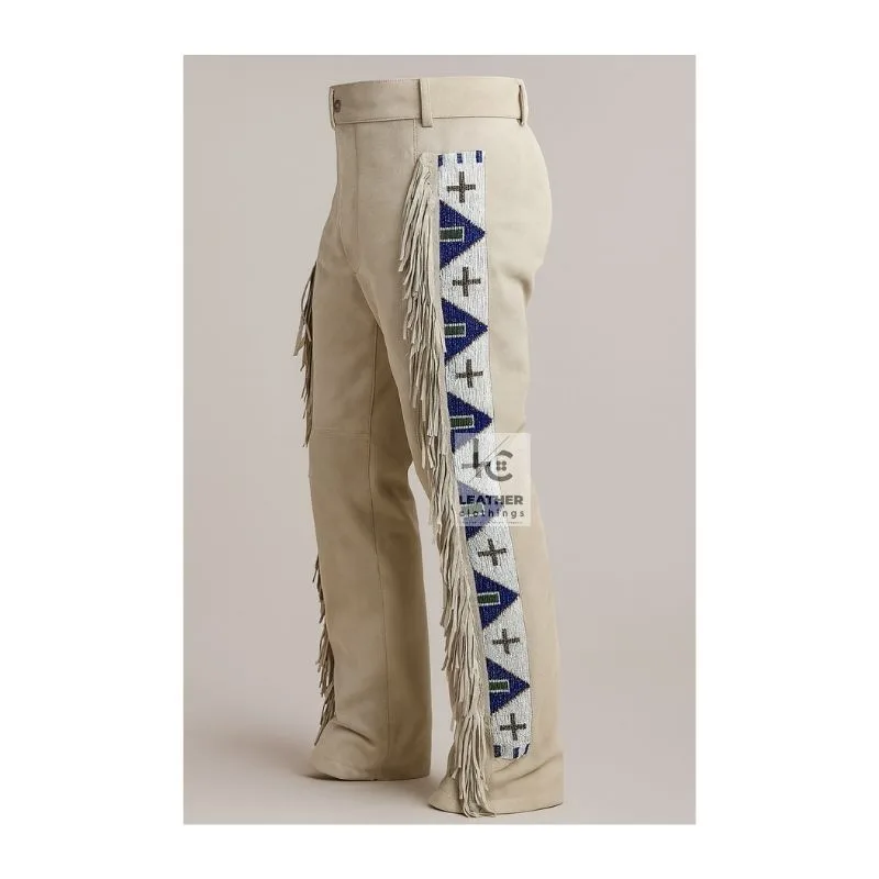 Men's beige suede fringe pants with Southwestern geometric side panels and long fringe