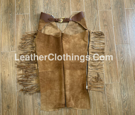 Men Brown Suede Chap With Fringes Cowboy Chap leggings, MSCH3A