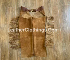 Men Brown Suede Chap With Fringes Cowboy Chap leggings, MSCH3A