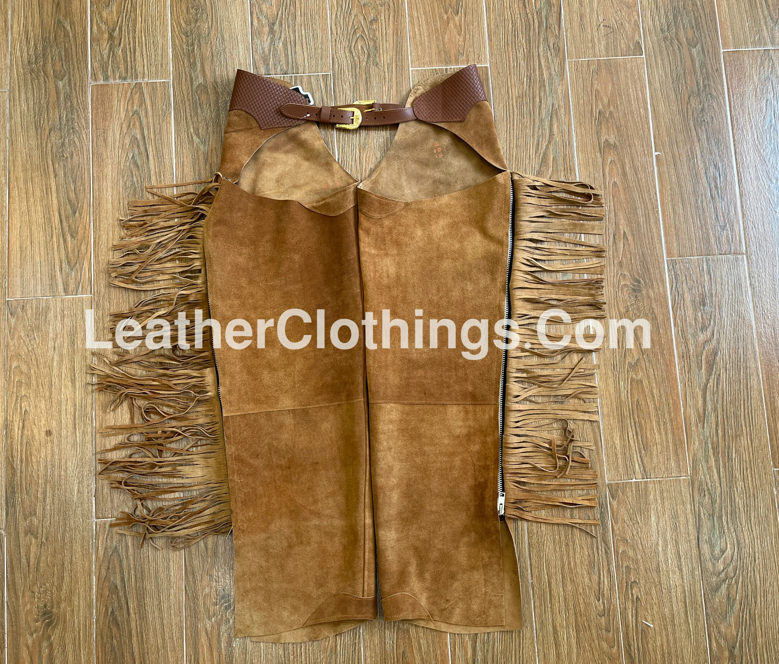 Men Brown Suede Chap With Fringes Cowboy Chap leggings, MSCH3A
