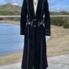 Men Black Suede Cowboy Long Coat With Fringes