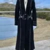 Men Black Suede Cowboy Long Coat With Fringes