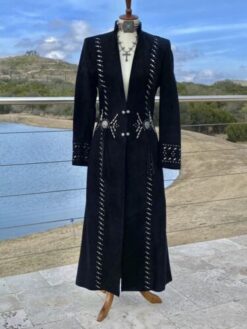 Men Black Suede Cowboy Long Coat With Fringes