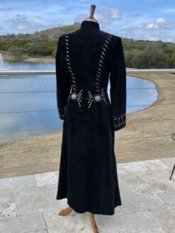Women Black Suede Cowgirl Long Coat With Fringes & Bones