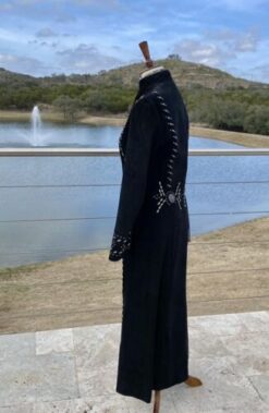 Women Black Suede Cowgirl Long Coat With Fringes & Bones