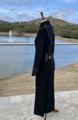 Women Black Suede Cowgirl Long Coat With Fringes & Bones