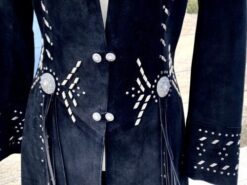 Women Black Suede Cowgirl Long Coat With Fringes & Bones