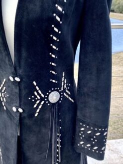 Women Black Suede Cowgirl Long Coat With Fringes & Bones