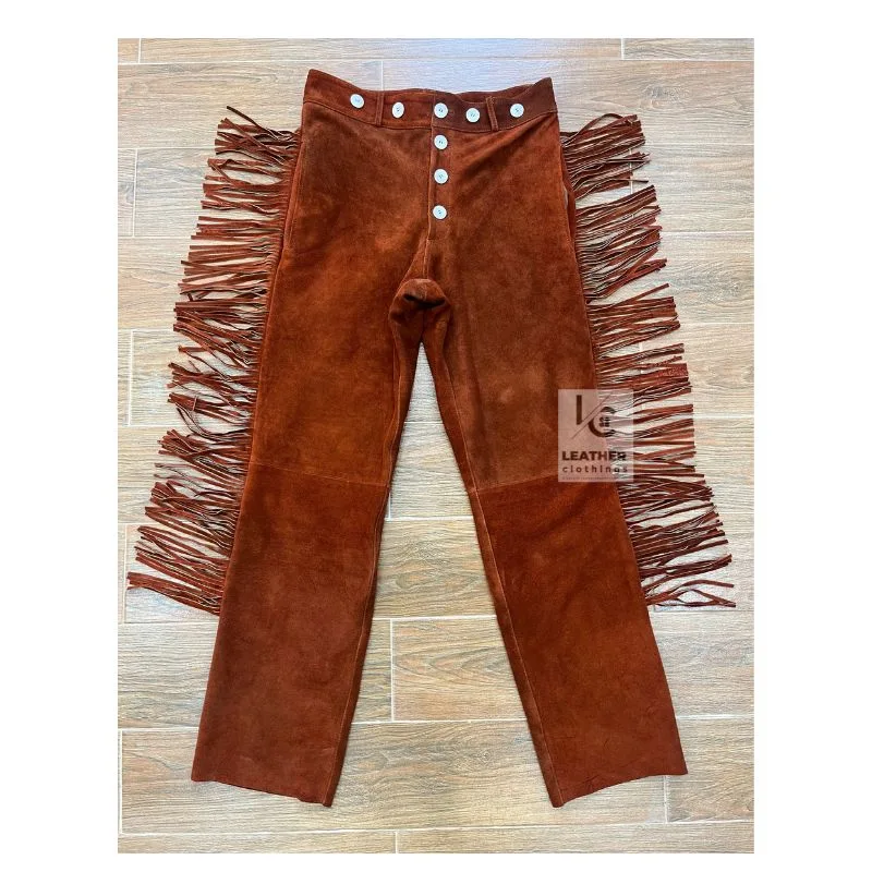 Men Reddish Brown Western Pant with fringes - Cowboy Chic - MSP13B