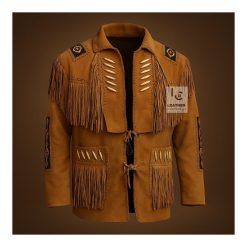 Men’s suede fringe jacket with beads and bone detailing in native‑inspired design