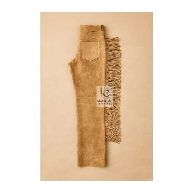 Men Western Brown Suede Fringes Pant MSP9-2