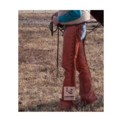 Men’s rust-brown leather chaps with fringe detailing and Western handcrafted design