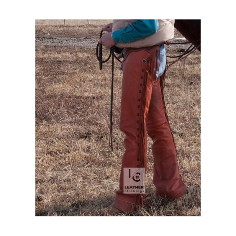 Men’s rust-brown leather chaps with fringe detailing and Western handcrafted design