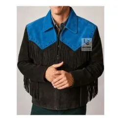 Men’s black and blue suede fringe jacket with running stitch lacing and YKK zipper