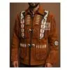 Men's orange brown suede cowboy fringe jacket with eagle beadwork, decorative bone accents and long Western suede fringe