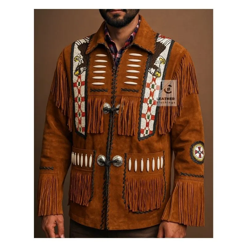 Men's cowboy style orange brown suede eagle beaded fringe jacket with decorative bone accents