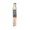 Close-up of a handcrafted Plains-style beaded suede pouch with long fringe and geometric glass bead patterns.