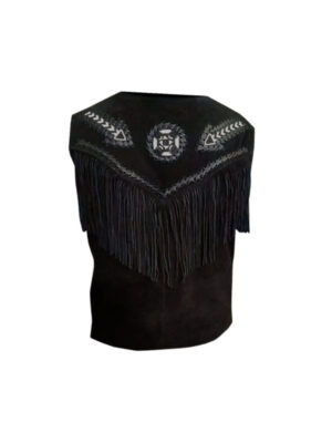 Cowboy Black Suede Western Vest American Indian Vest With Fringes Beads Bones SUV9