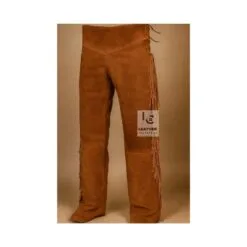 Men's rust brown suede fringe pants with high-rise Western waistband and full-length side fringe