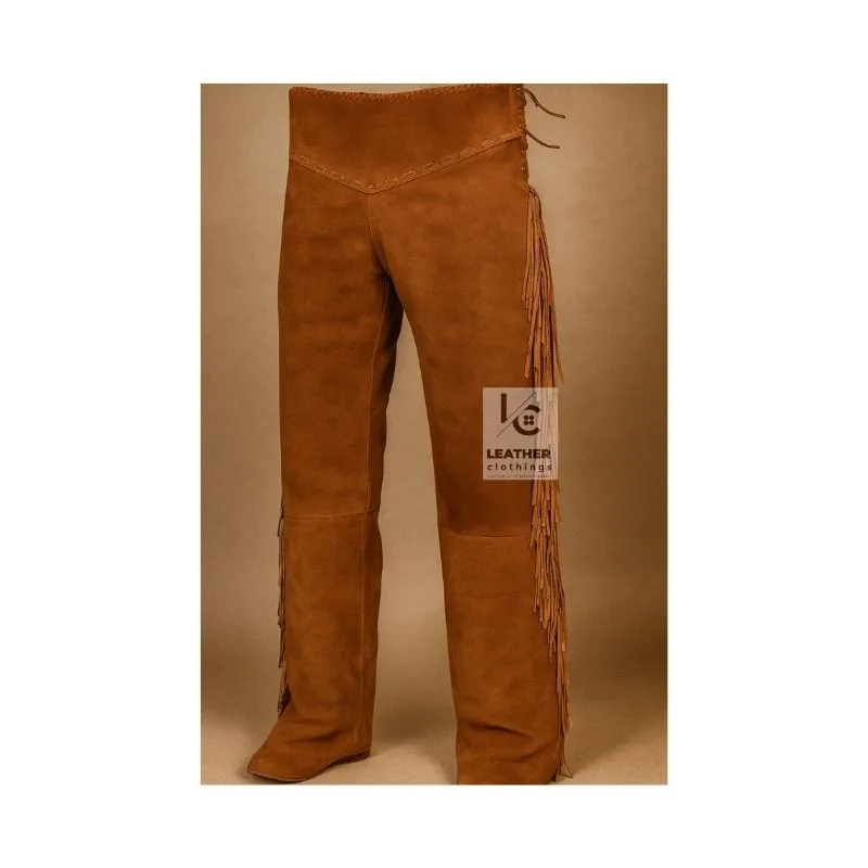 Men's rust brown suede fringe pants with high-rise Western waistband and full-length side fringe