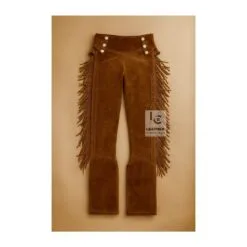 Men's dark brown suede fringe pants with high-rise Western waistband and white button fly