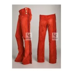 Men's red suede fringe pants with high-rise cowboy waistband and side button fly