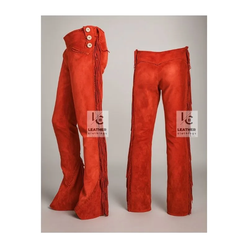 Men's red suede fringe pants with high-rise cowboy waistband and side button fly