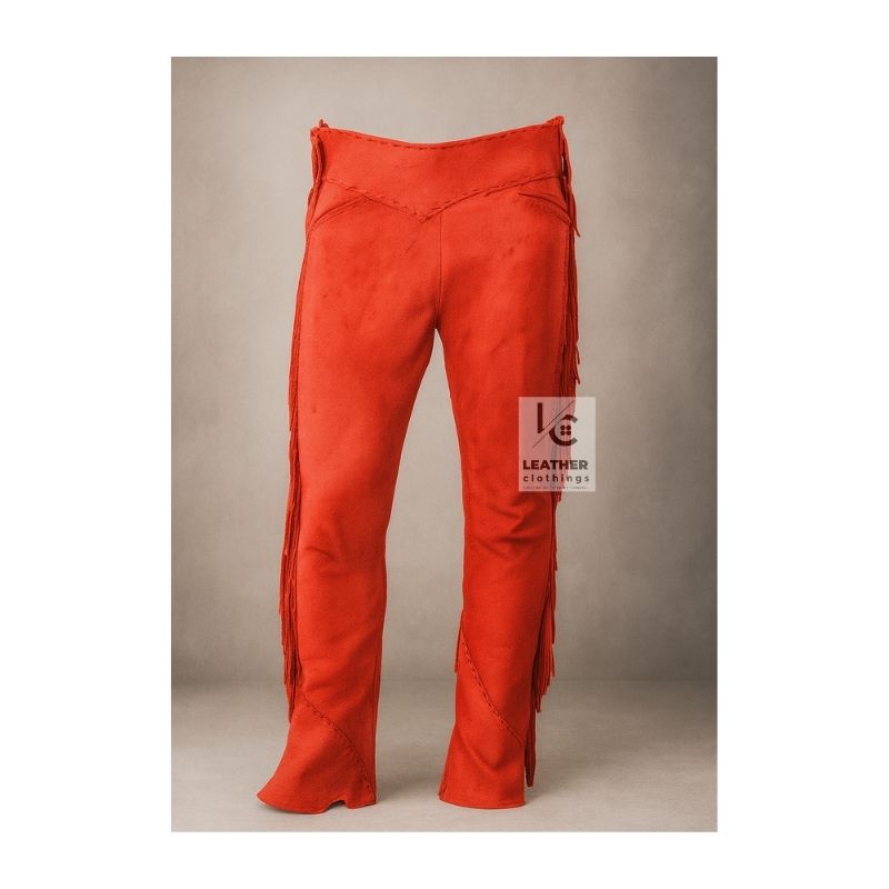 Western Red Suede Leather Fringe Pant MSP19E