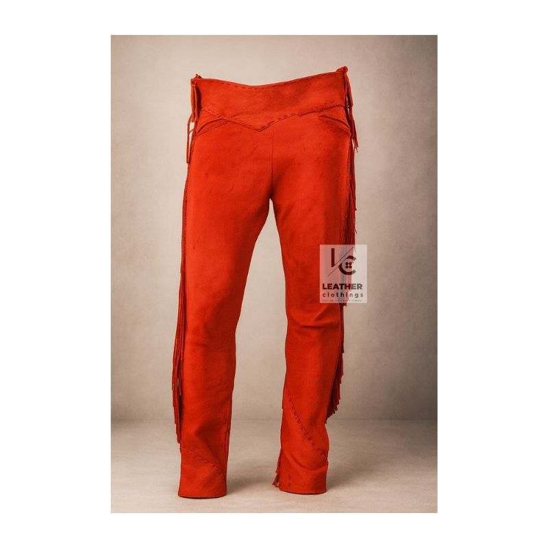 Western Red Suede Leather Fringe Pant MSP19E