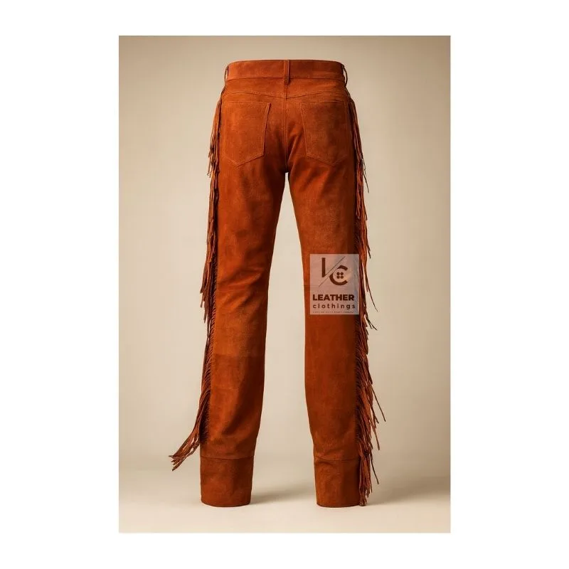 Western Rusty Brown Suede Leather Fringes Pant MSP13