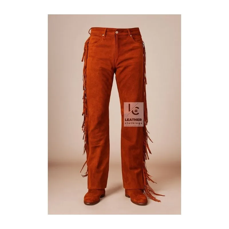 Men's reddish brown suede fringe pants with full-length side fringe and cowboy-inspired styling