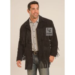 Men’s Black Western suede Long jacket with long fringes and cowboy-inspired design