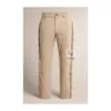 Men's beige suede fringe pants with full-length side fringe and cowboy-inspired styling
