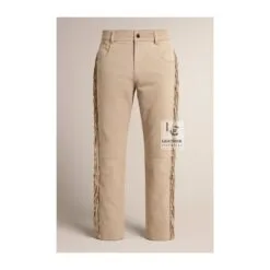 Western beige suede leather pants with fringe MSP21B