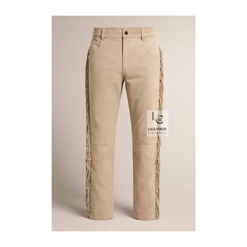 Men’s Western Beige Suede Leather Pants With Fringe MSP21B