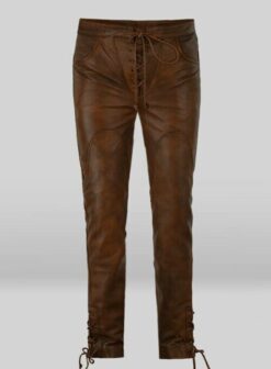 Men Cowboy Brown Leather Pant With Laces, MLP2