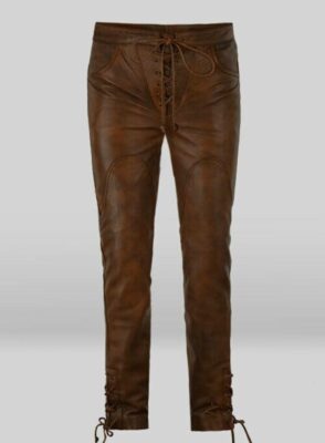 Men Cowboy Brown Leather Pant With Laces, MLP2