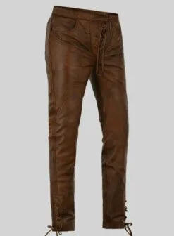 Men Cowboy Brown Leather Pant With Laces, MLP2