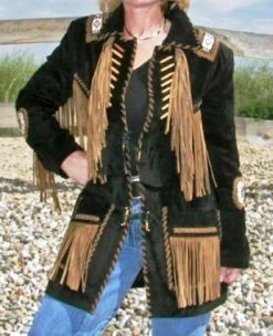 Women's Western Cowgirl Black Suede Jacket With Fringes & Beads | WSJ23