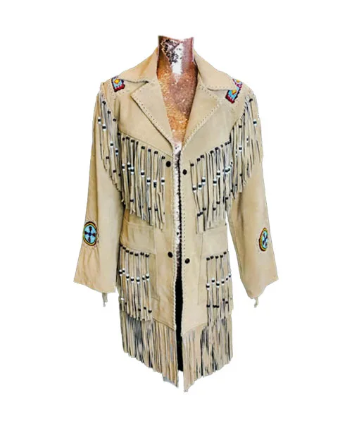 Native American Cowgirl Suede Leather Jacket – Beaded Beige Fringe Coat for Women