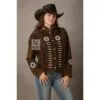 Women’s dark brown suede beaded medallion fringe western jacket front